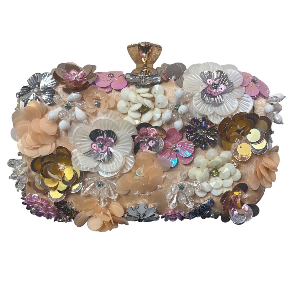 Women Floral Applique Sequin Beaded Evening Clutch Bag Pink Peach OS